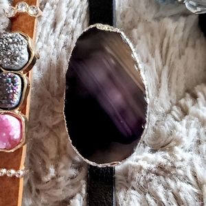 Blue Agate Vegan Leather Bracelet w/ Black Band